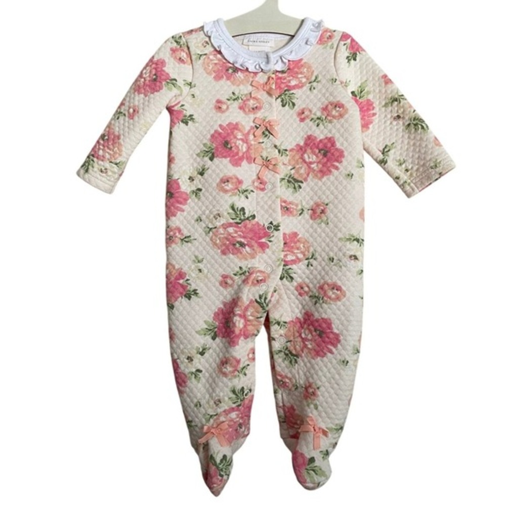 Baby Girls Floral Quilted Footed Onesie 3-6M Bow Ruffle Collar Cottage Coquette‎